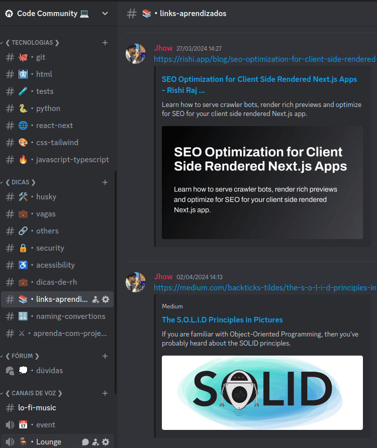 imagem de alguns links do Discord